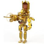 Gold robot toy with mechanical design on a white background