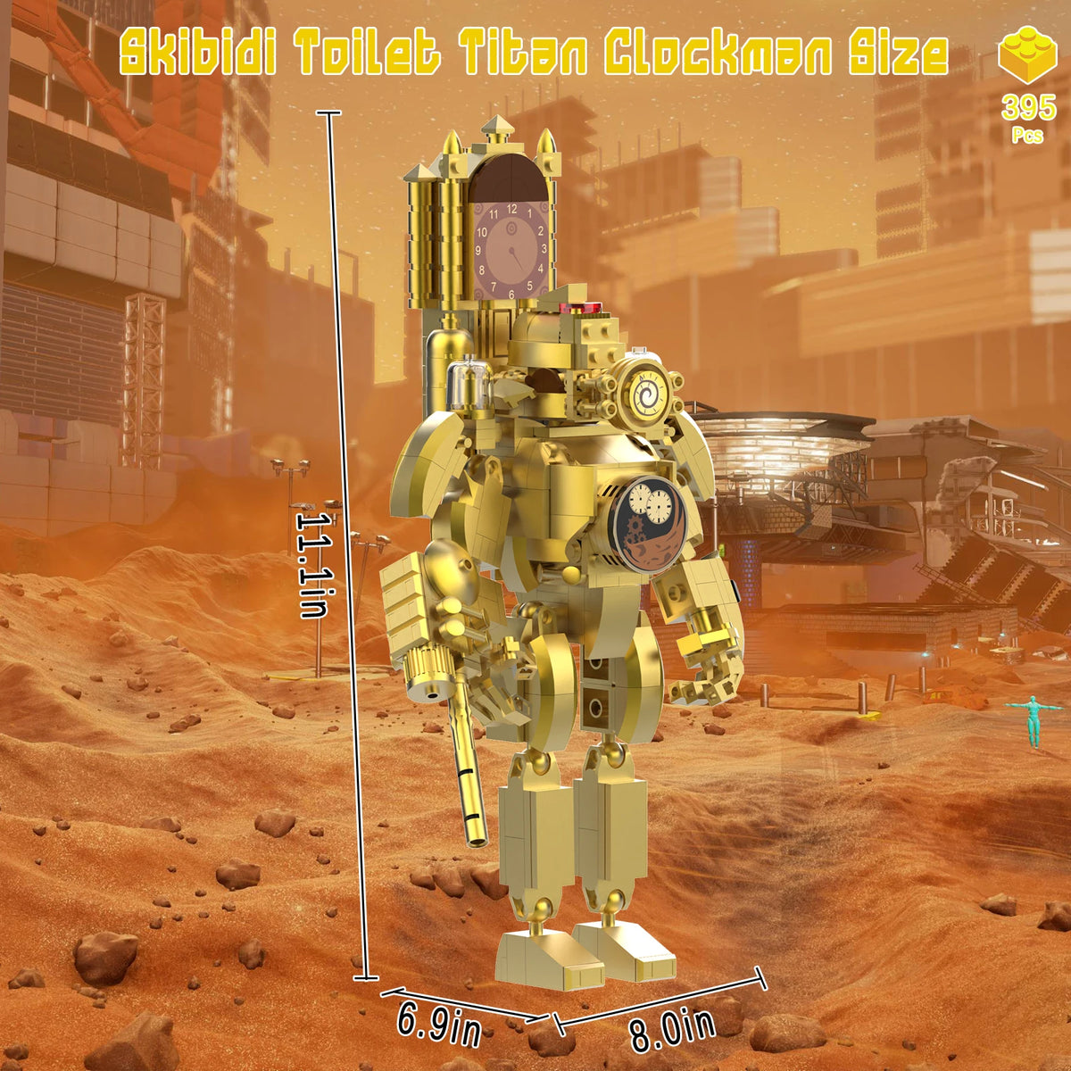 Gold robot figure on a desert landscape with measurements and text overlay