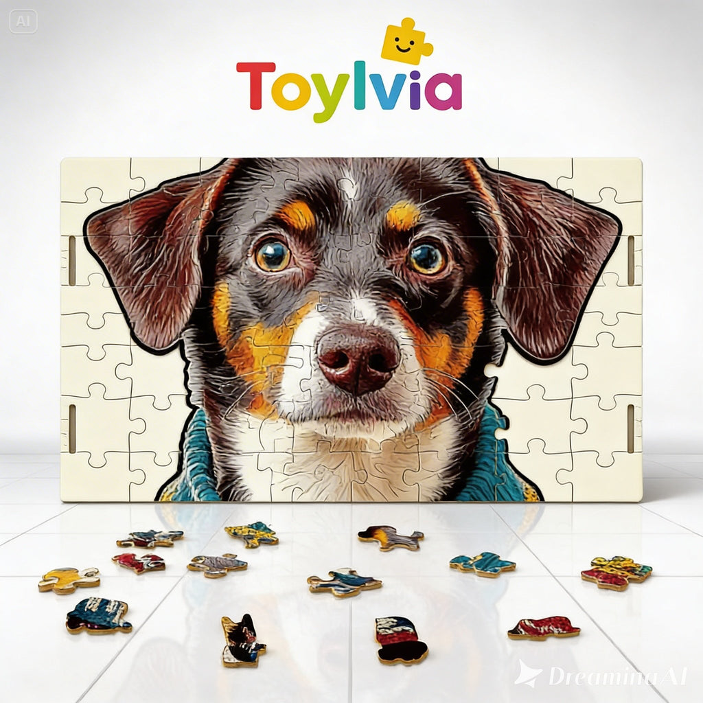 Detailed close-up of a wooden dog puzzle showing the intricate wood grain and cut lines