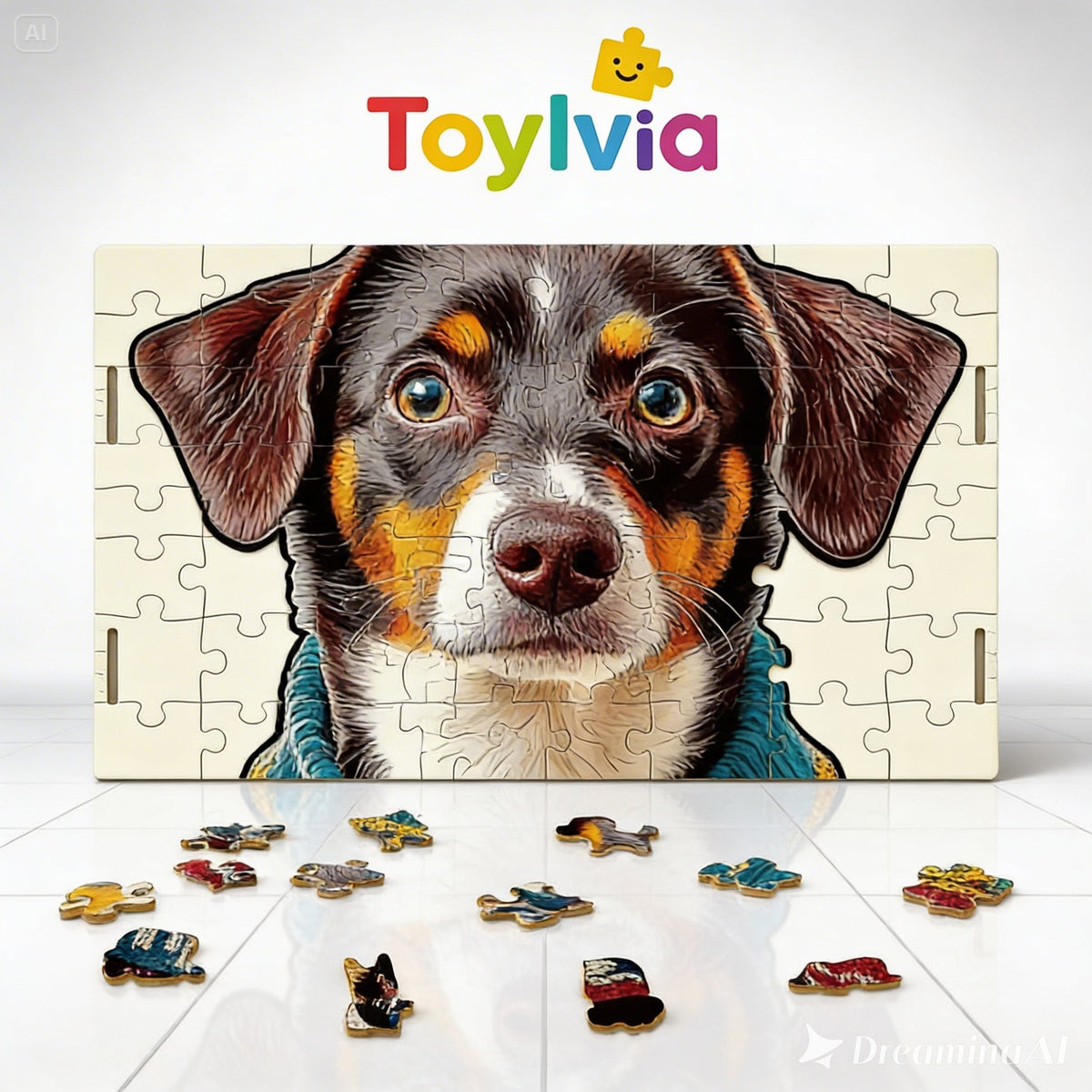 Detailed close-up of a wooden dog puzzle showing the intricate wood grain and cut lines