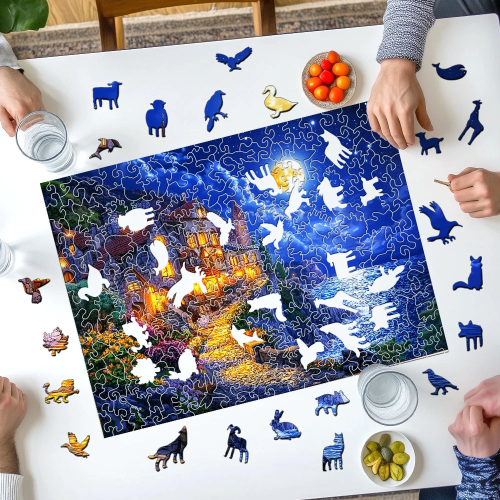 People working on a puzzle with a castle design on a table.