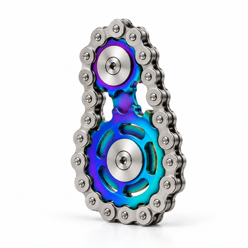 Colorful chain gear fidget spinner, vertical three-quarter studio image