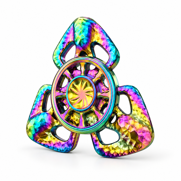 Mini butterfly metal fidget spinner in rainbow hammered finish standing upright on white