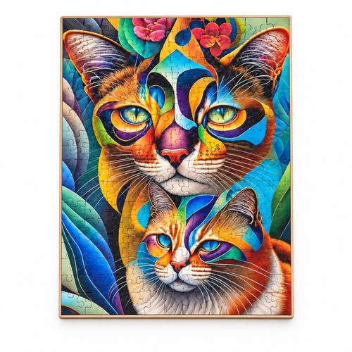 Colorful Cat Duo wooden jigsaw puzzle, straight front-facing view