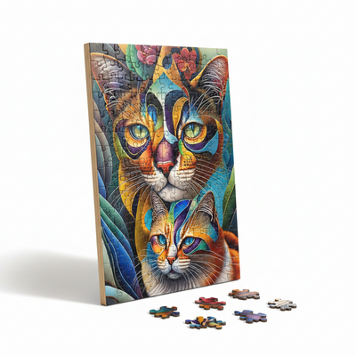 Colorful Cat Duo Wooden Jigsaw Puzzle – Unique Animal Shaped Pieces