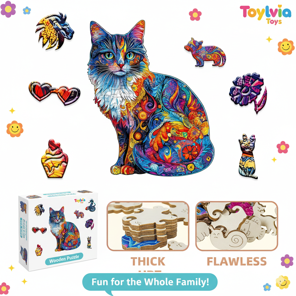 Colorful cat-themed wooden puzzle set with packaging and pieces displayed on a white background. Main image