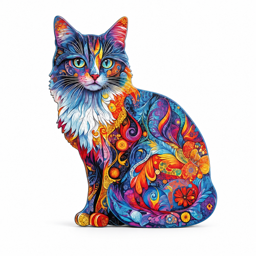 Colorful cat-shaped wooden puzzle, fully assembled and centered on white