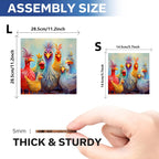 Colorful chicken wooden jigsaw puzzle showing assembly sizes for small and large versions and 5 mm thick wooden pieces held by hand.