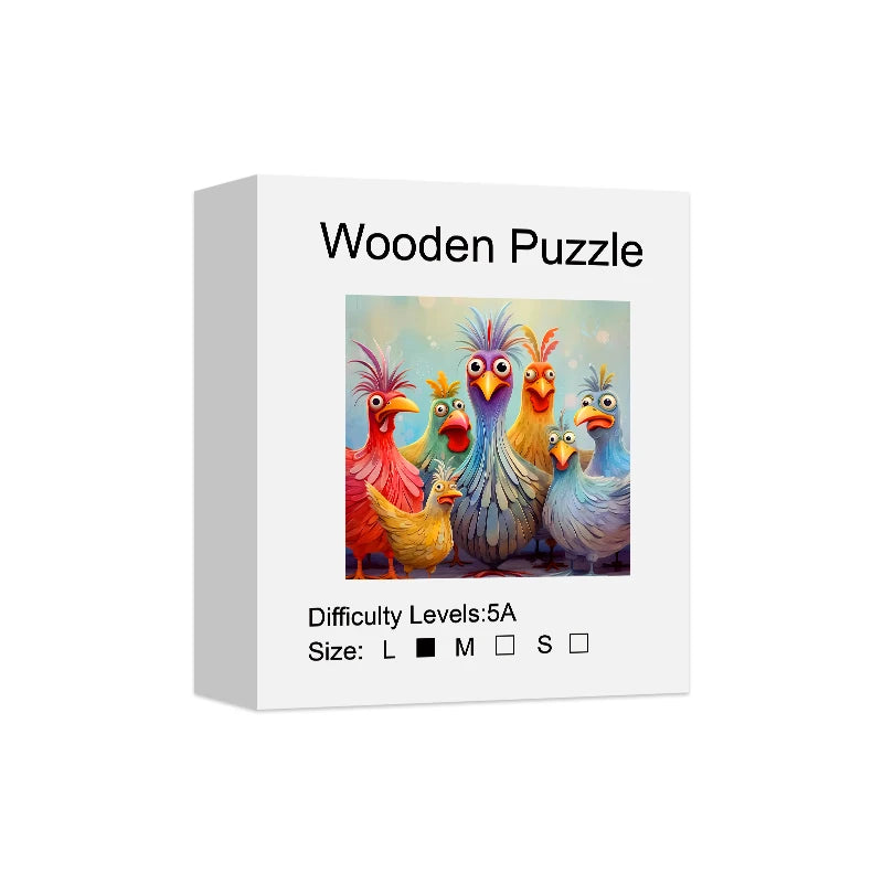 White box packaging of a colorful chicken wooden jigsaw puzzle, showing the illustrated animal design on the puzzle box cover.