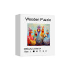 White box packaging of a colorful chicken wooden jigsaw puzzle, showing the illustrated animal design on the puzzle box cover.