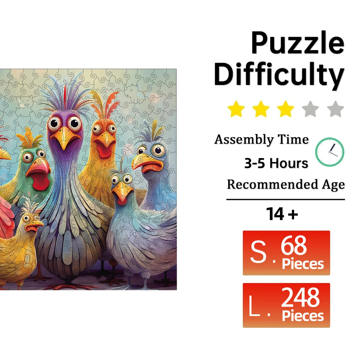 Colorful chicken wooden jigsaw puzzle showing difficulty level, 3–5 hour assembly time, recommended age 14+, and piece counts for small and large sizes.