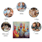 Colorful chicken wooden jigsaw puzzle shown being enjoyed by families, friends, couples, and elderly people as a relaxing group activity.