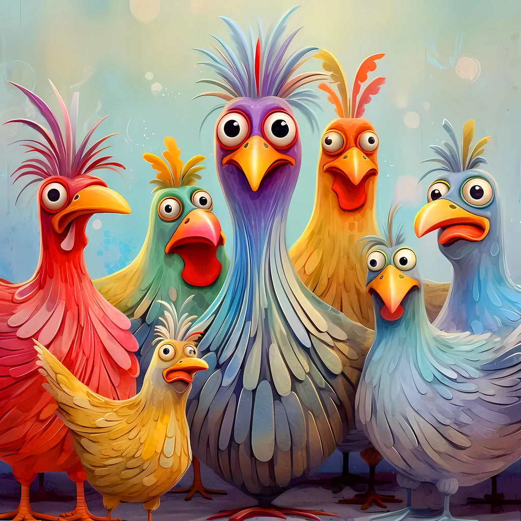 Colorful chicken wooden jigsaw puzzle featuring expressive cartoon chickens with vibrant colors and irregular animal-shaped wooden pieces.