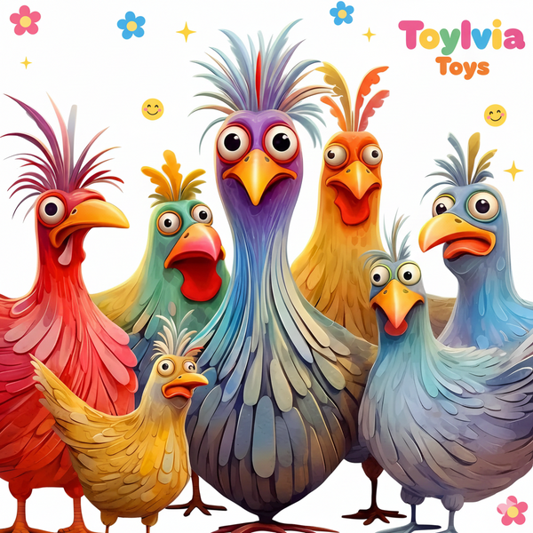 Colorful cartoon birds with 'Toylivia Toys' branding