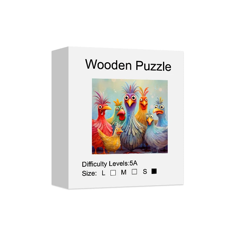 Wooden jigsaw puzzle retail box featuring colorful cartoon chicken artwork on a clean white background.