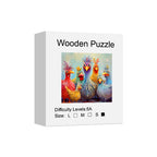 Wooden jigsaw puzzle retail box featuring colorful cartoon chicken artwork on a clean white background.