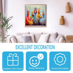 Colorful chicken wooden jigsaw puzzle displayed as framed wall art above a sofa, showing how the finished puzzle can be used for home decoration.