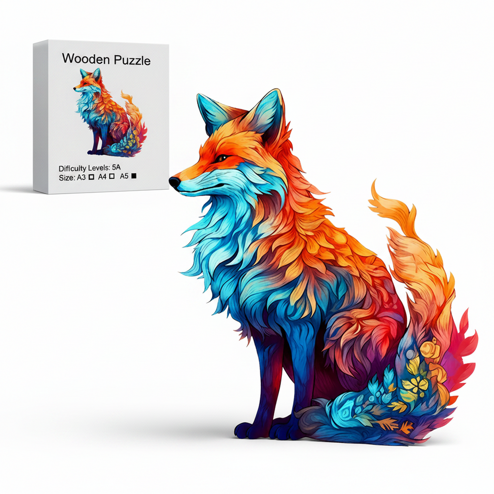 Colorful Fox Wooden Puzzle Unique Animal Shaped Jigsaw Puzzle for Adults