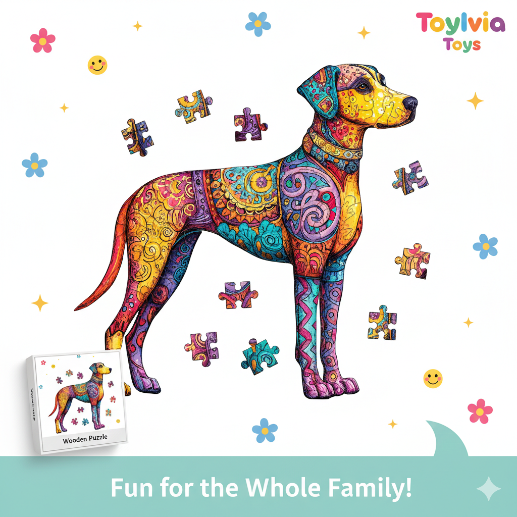 Colorful dog-shaped wooden puzzle with pieces and packaging on a white background, featuring Toylvia Toys branding.