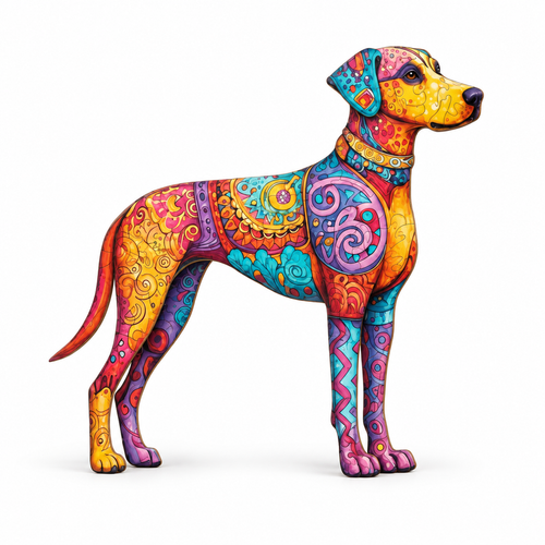 Completed colorful Great Dane wooden puzzle in a standing dog silhouette on white with a soft contact shadow