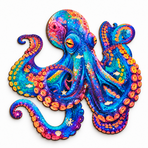 Completed colorful octopus-shaped 200-piece wooden puzzle on white studio background with a soft natural grounding shadow