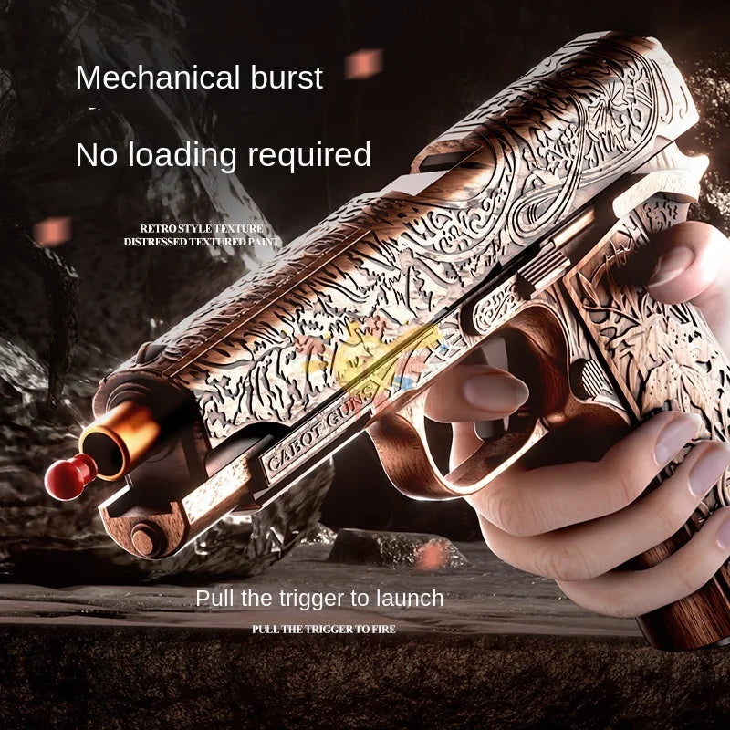 Decorative gun with intricate designs held by a hand, against a dark background.