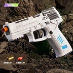 White toy gun with accessories on a rocky background
