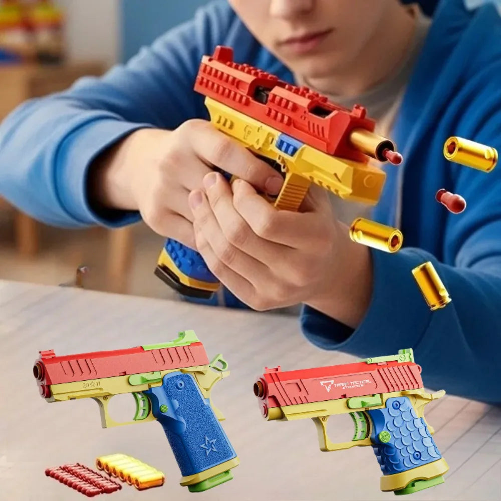 Child playing with colorful toy guns and shells on a table.