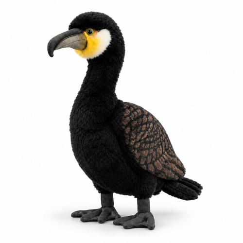 35CM realistic cormorant plush toy, left-facing three-quarter view on white