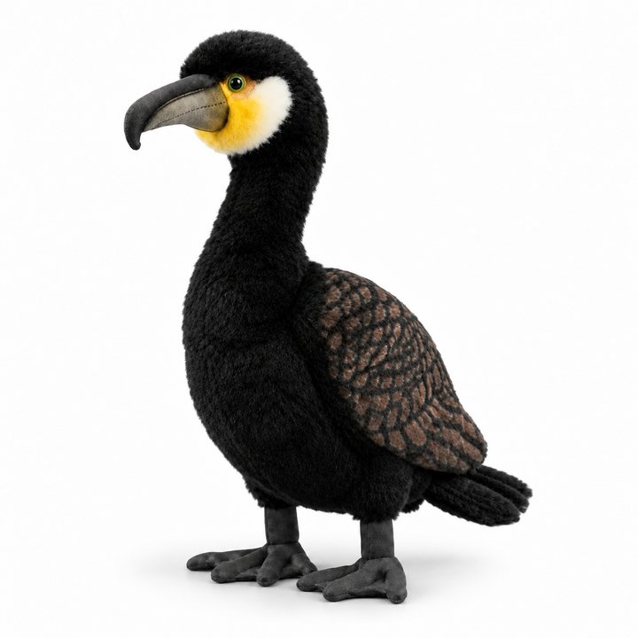 35CM realistic cormorant plush toy, left-facing three-quarter view on white