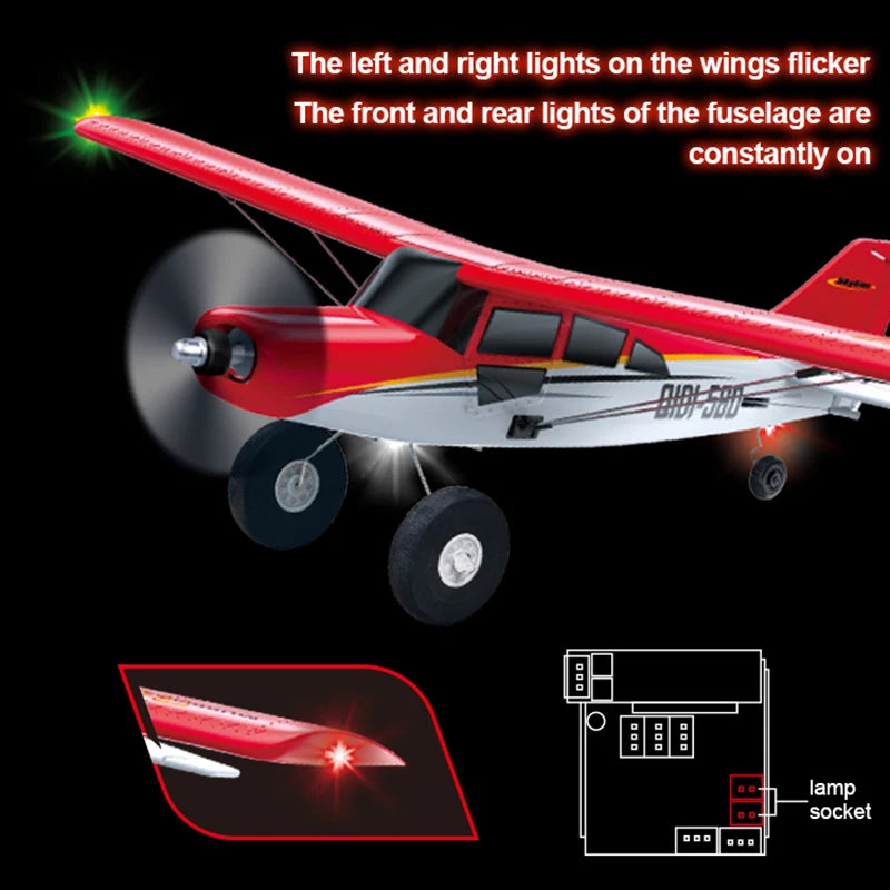 Red toy airplane with illuminated lights on a black background