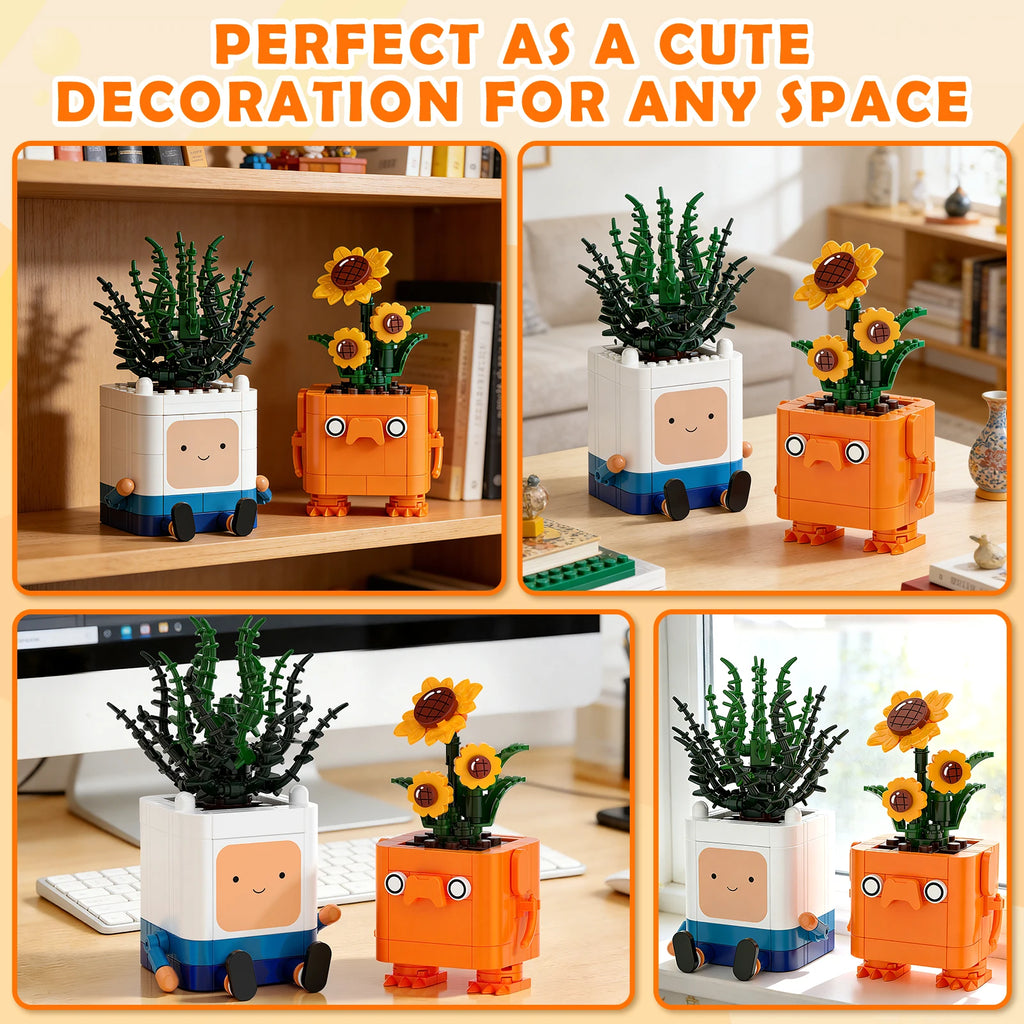Two small planters with face designs on a desk and in a living room setting.