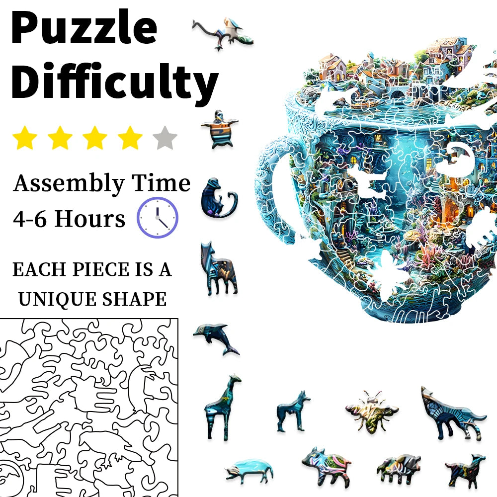 Jigsaw puzzle packaging with difficulty rating, assembly time, and unique piece description.