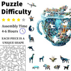 Jigsaw puzzle packaging with difficulty rating, assembly time, and unique piece description.