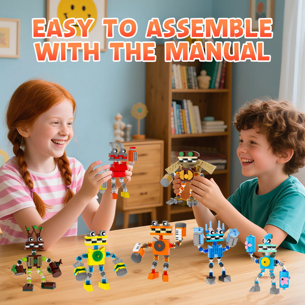 Two children playing with robot toys on a table, with text indicating assembly ease.