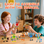 Two children playing with robot toys on a table, with text indicating assembly ease.