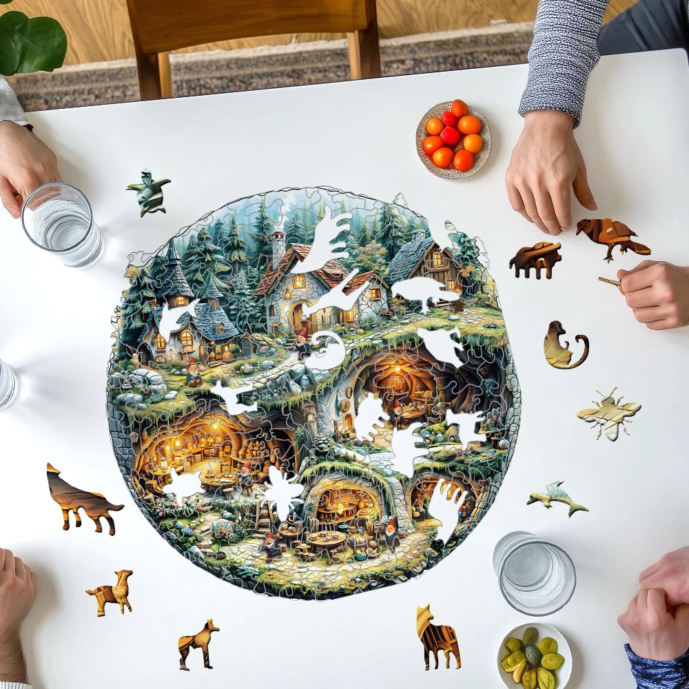 People working on a round puzzle with a forest design on a table.