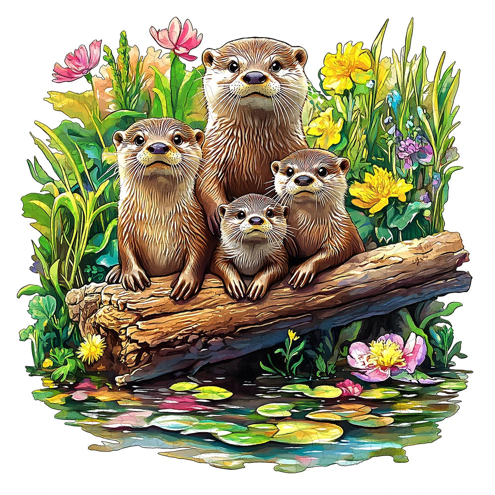 Illustration of four otters on a log surrounded by flowers and water lilies.