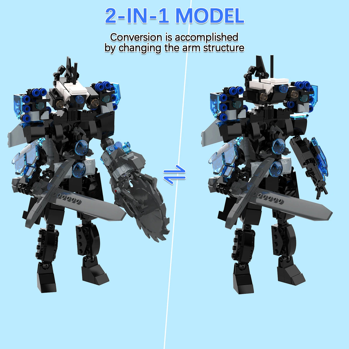 Two robot models side by side with text indicating a 2-in-1 model conversion.