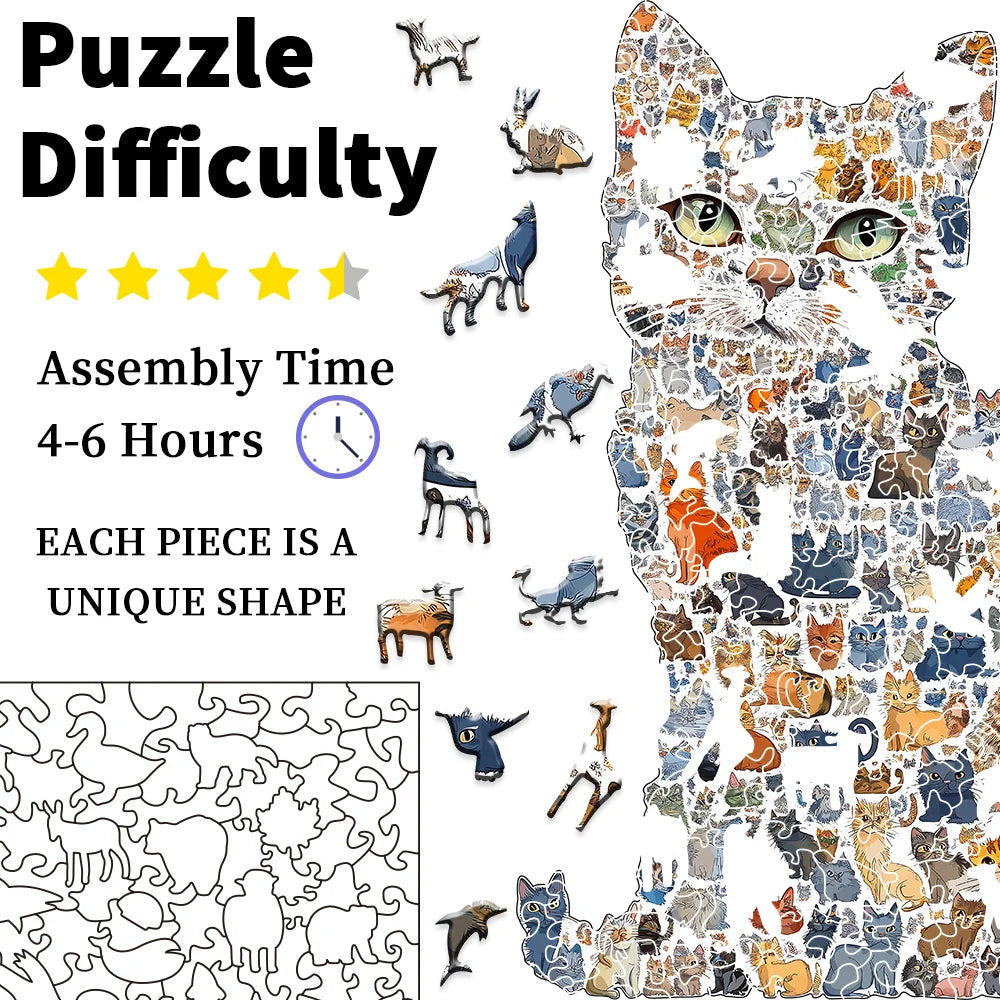 Cat-shaped jigsaw puzzle with assembly time and piece uniqueness details.