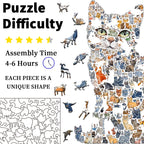 Cat-shaped jigsaw puzzle with assembly time and piece uniqueness details.