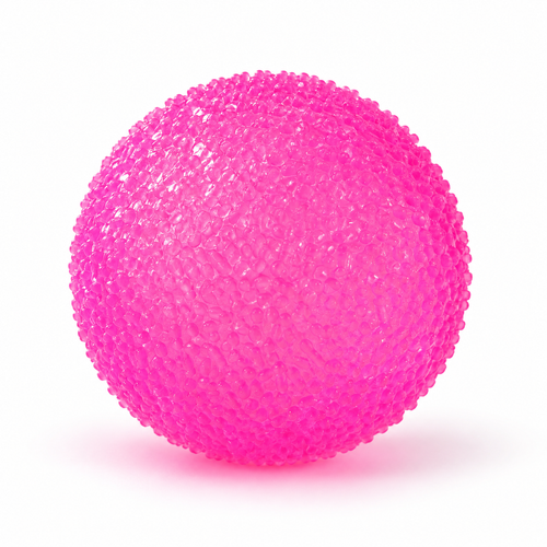 Hot-pink crunchy texture stress ball, centered on white background