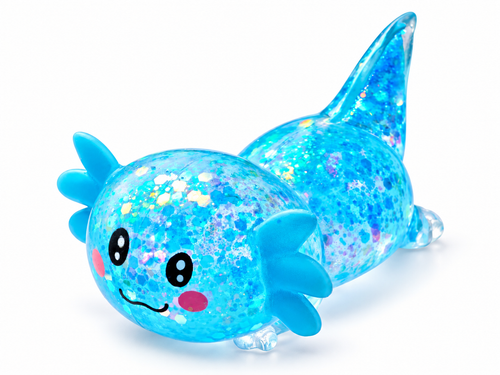 Blue glitter axolotl squishy toy in white studio