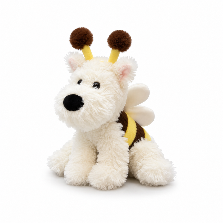Cute Bee Dog electric plush toy, left-facing three-quarter studio view on white