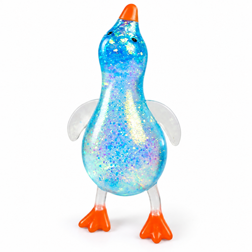 Blue glitter duck squishy, white studio