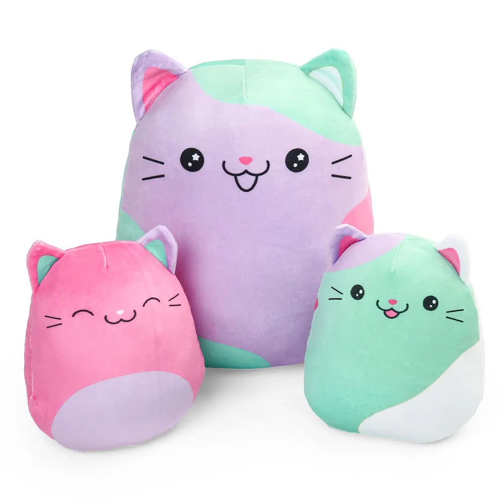 Three colorful cat-shaped plush toys on a white background