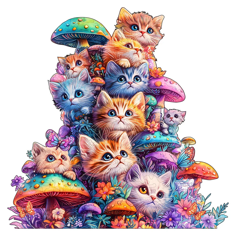 Cute mushroom cat wooden jigsaw puzzle featuring colorful kittens stacked among fantasy mushrooms on a white background.