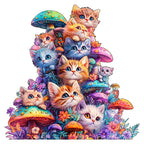 Cute mushroom cat wooden jigsaw puzzle featuring colorful kittens stacked among fantasy mushrooms on a white background.