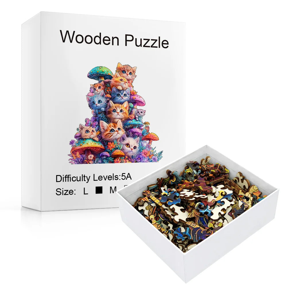 Wooden mushroom cat jigsaw puzzle with illustrated box packaging and irregular wooden puzzle pieces displayed in an open box on a white background.