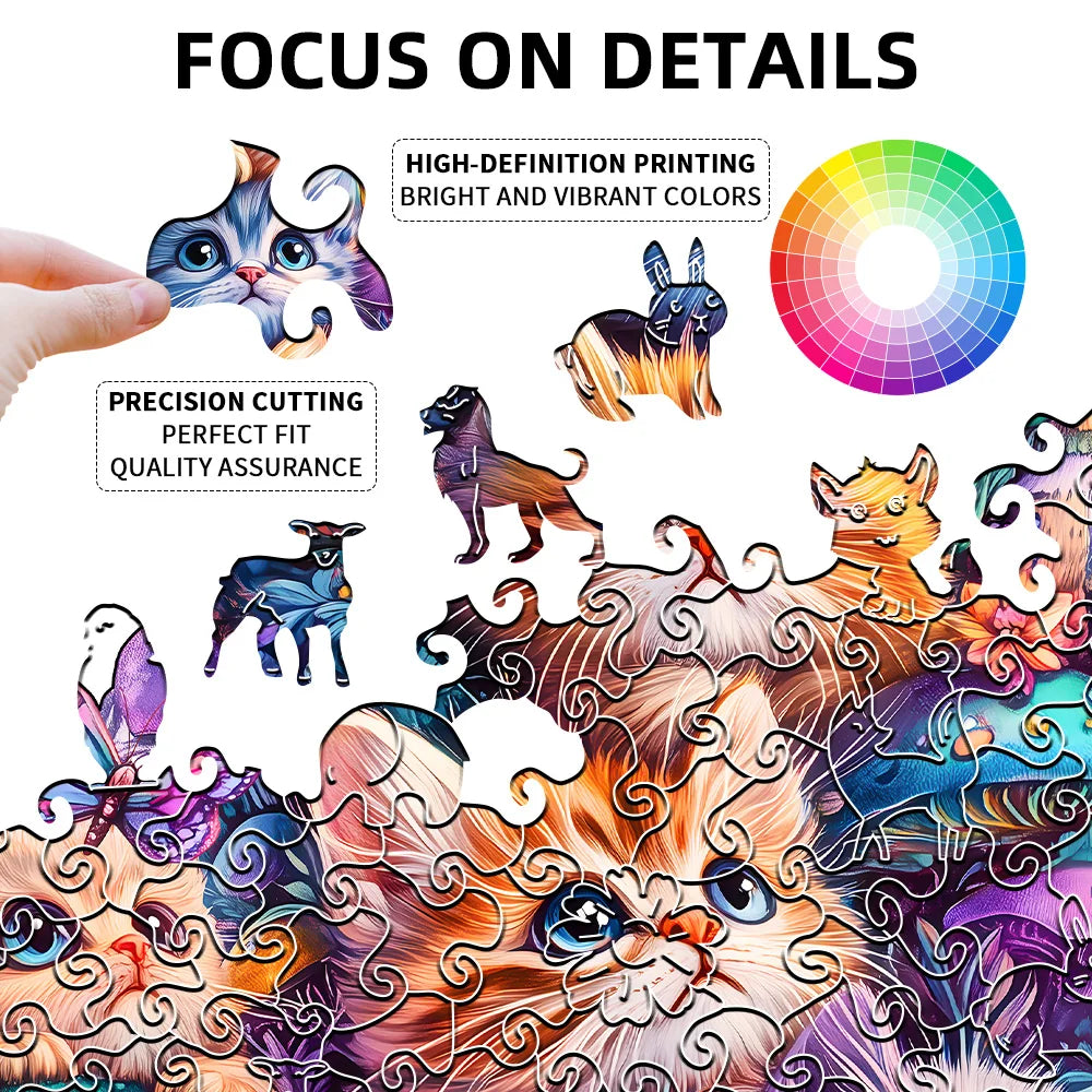 Close-up of cute mushroom cat wooden jigsaw puzzle showing precision-cut irregular animal-shaped pieces and vibrant high-definition printing.